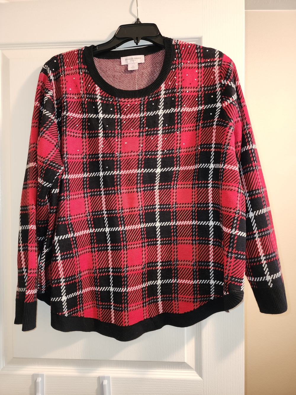 Allison Daley Red Black Plaid Crewneck Sweater
